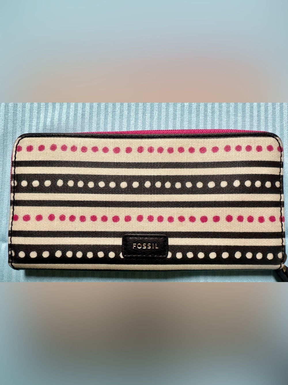 Fossil Cream, Black & Pink Striped Canvas Wallet